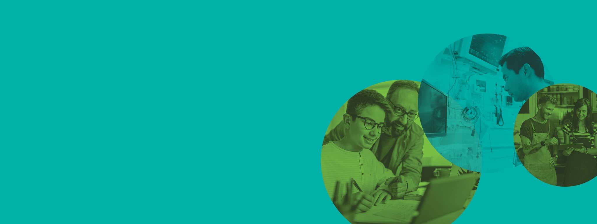 Victoria's Cyber Strategy 2021 A teal background with 3 overlapping circles on the right-hand side. These contain, left to right: A father and teenage son looking at a laptop together, a medical professional looking at a monitor in a room full of equipment, two cafe owners looking at an iPad together.