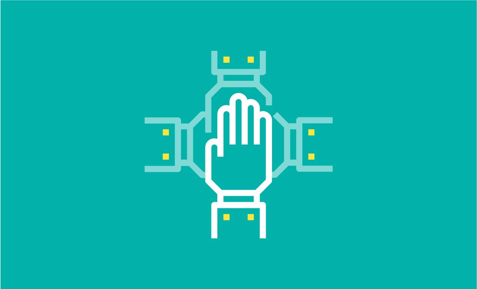 Icon depicting four hands laid on top of each other in a "go team!" style gesture.