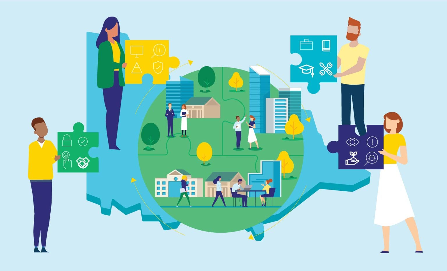 An illustration depicting steps involved in Mission Three: Opportunities, Collaboration, Uplift capability, Mission Advisory Panel, and Outcome