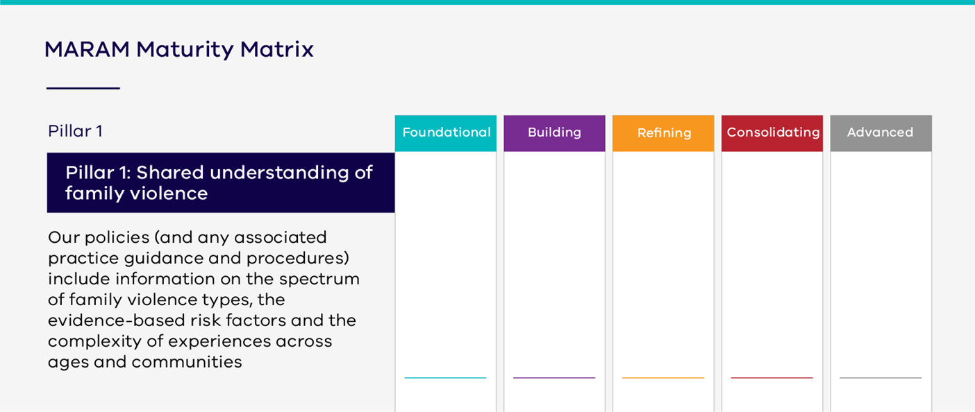 Graphic showing a table with MARAM Pillars and responsibilities listed in the rows of the first column, and shows each level in the adjuscent columns: Foundational, Building, Refining, Consolidating, and Advanced.
