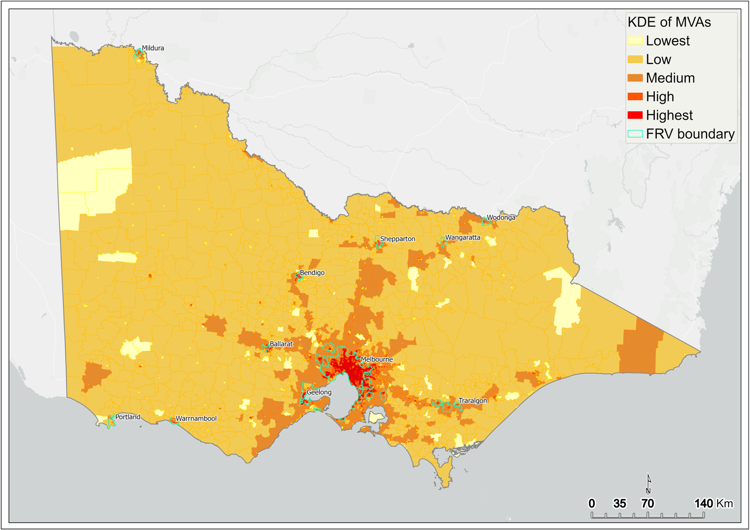 Map of Victoria which highlights the areas with the highest kernel density estimation of motor vehicle accidents