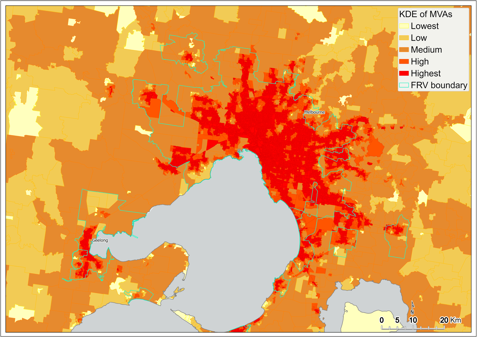 Map of Metro Melbourne which highlights the areas with the highest kernel density estimation of motor vehicle accidents
