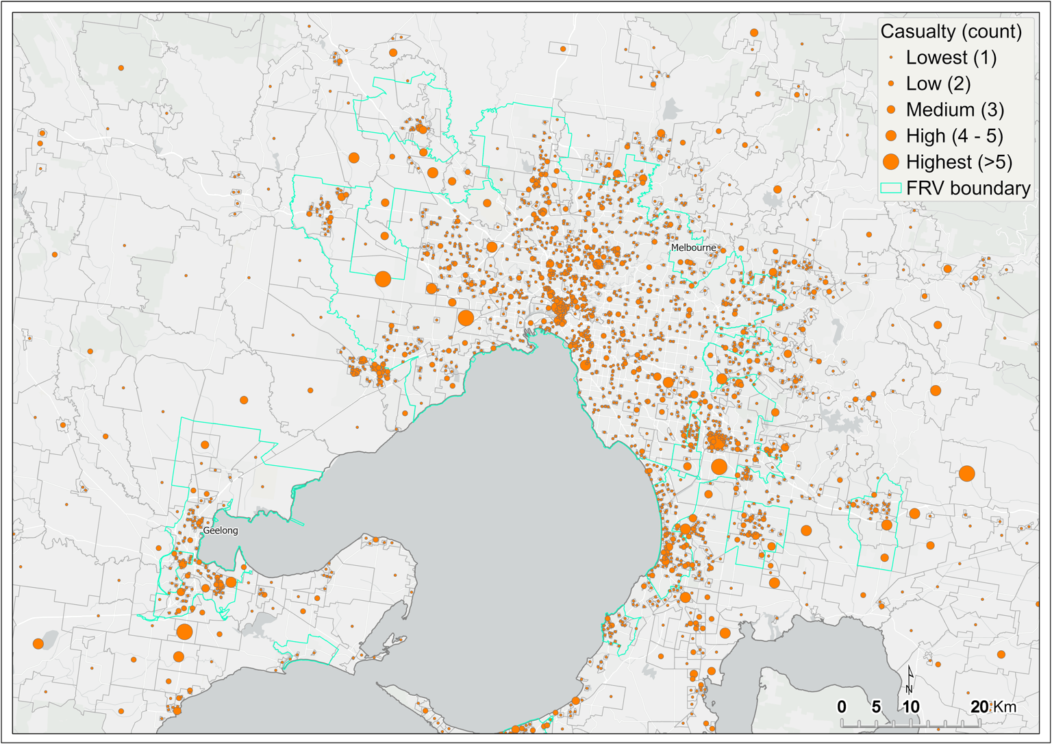 Map of Metro Melbourne which highlights the areas that are highest in casualties
