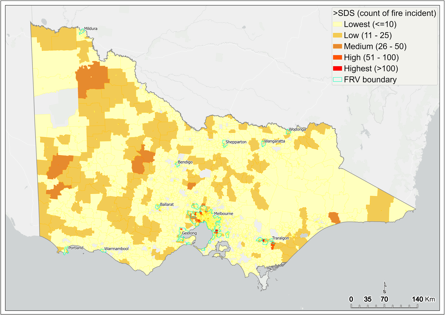Map of Victoria which shows a visual representation of those areas that are highest in the count of fire incidents that failed to meet Service Delivery Standards