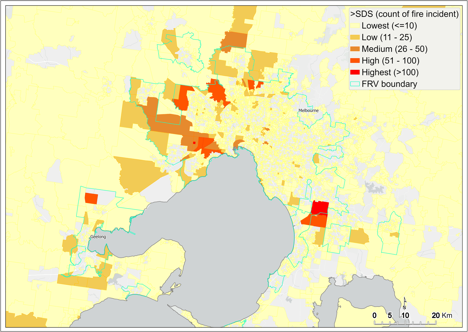 Map of Metro Melbourne which shows a visual representation of those areas that are highest in the count of fire incidents that failed to meet Service Delivery Standards