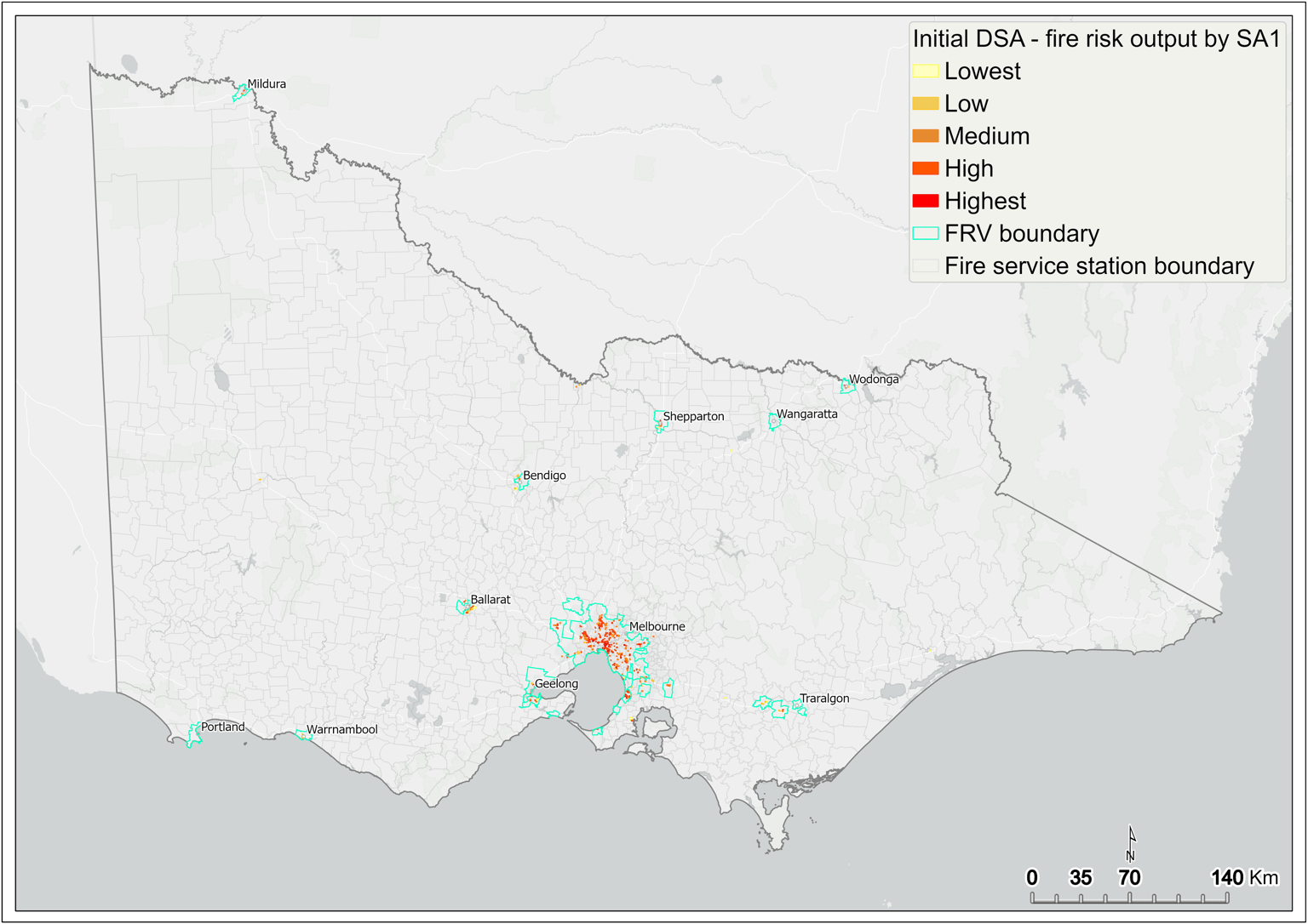 Map of Victoria which visually represents the areas that have a high fire risk output according to initial decision support analysis