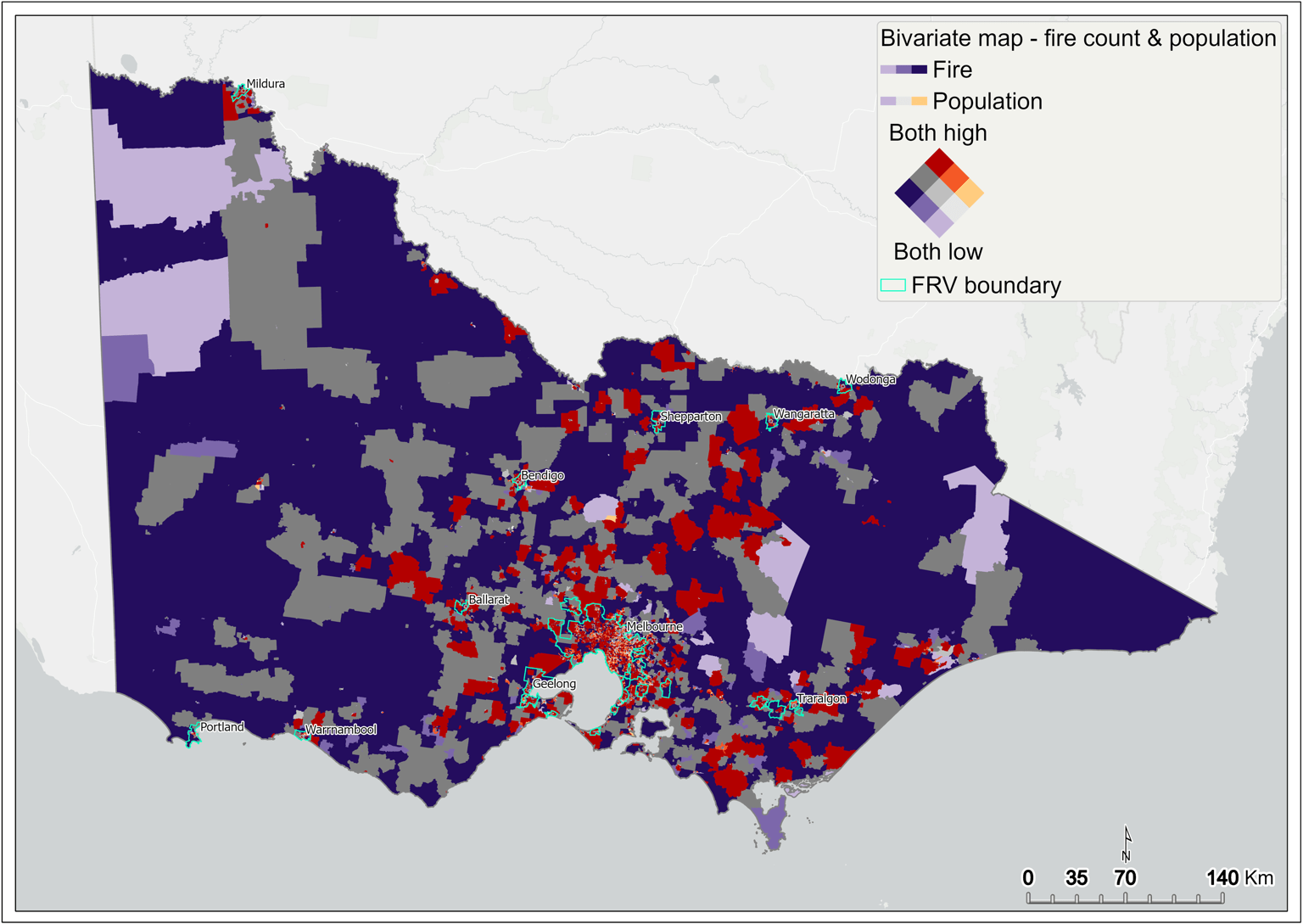 Map of Victoria which highlights the areas that are high in both fire count and population