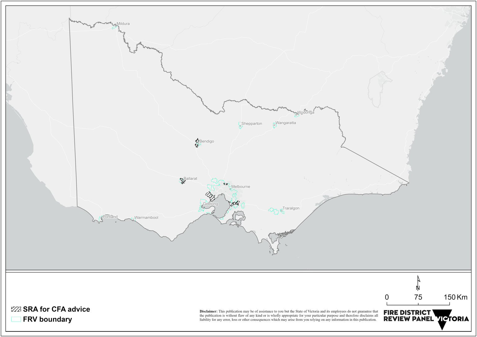 Map of Victoria which shows a visual representation of the 4 districts from this review's FRV boundaries and highlights the Station response areas