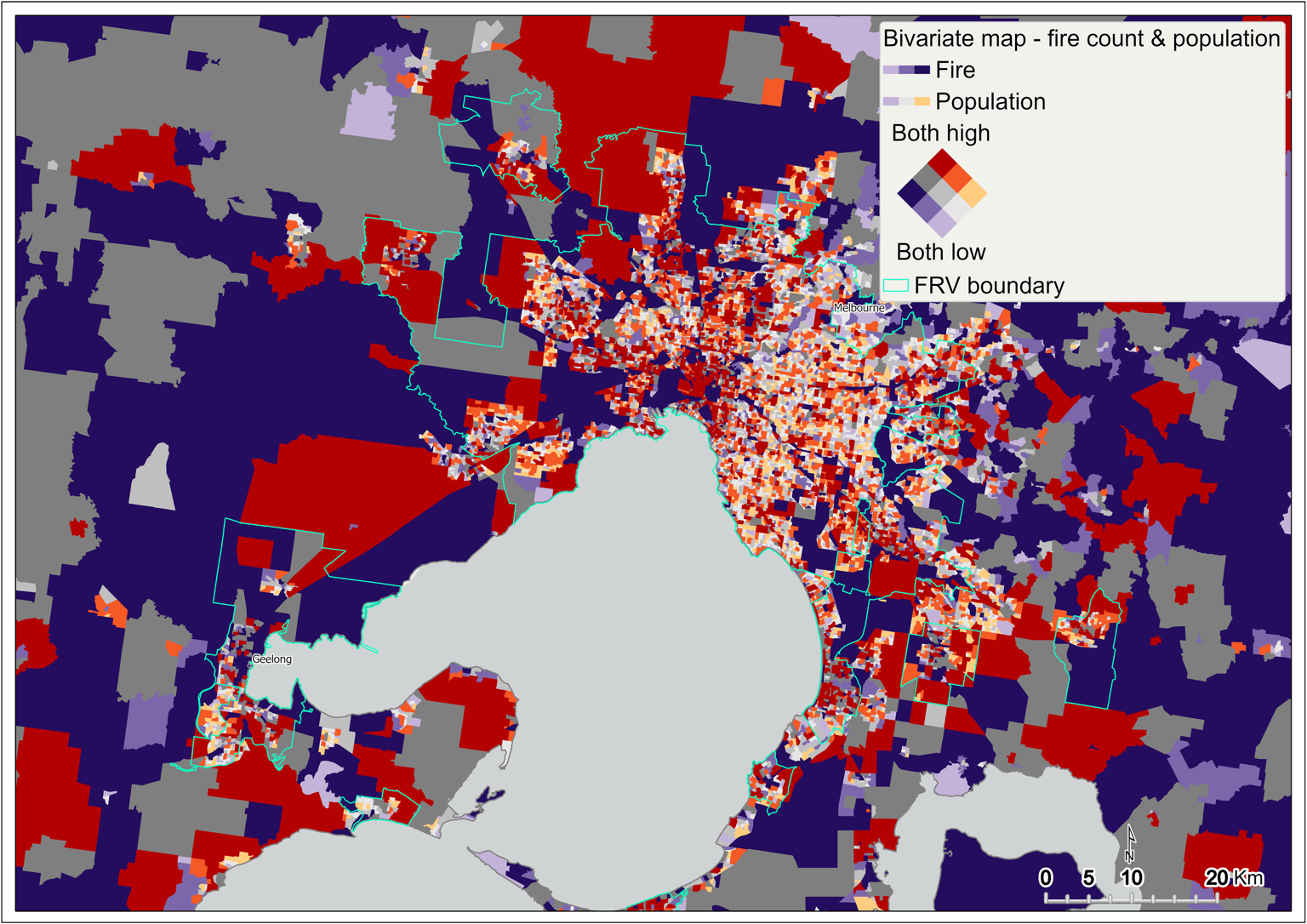 Map of Metro Melbourne which highlights the areas that are high in both fire count and population