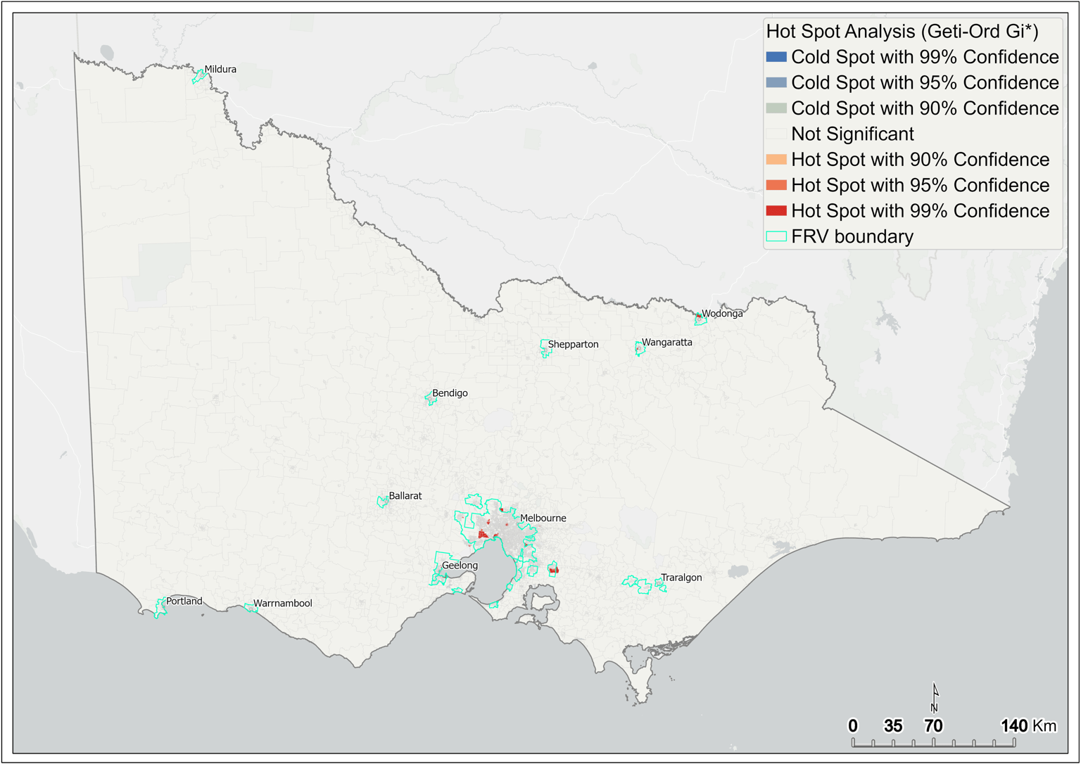 Map of Victoria which highlights the hot spot analysis of fire rate