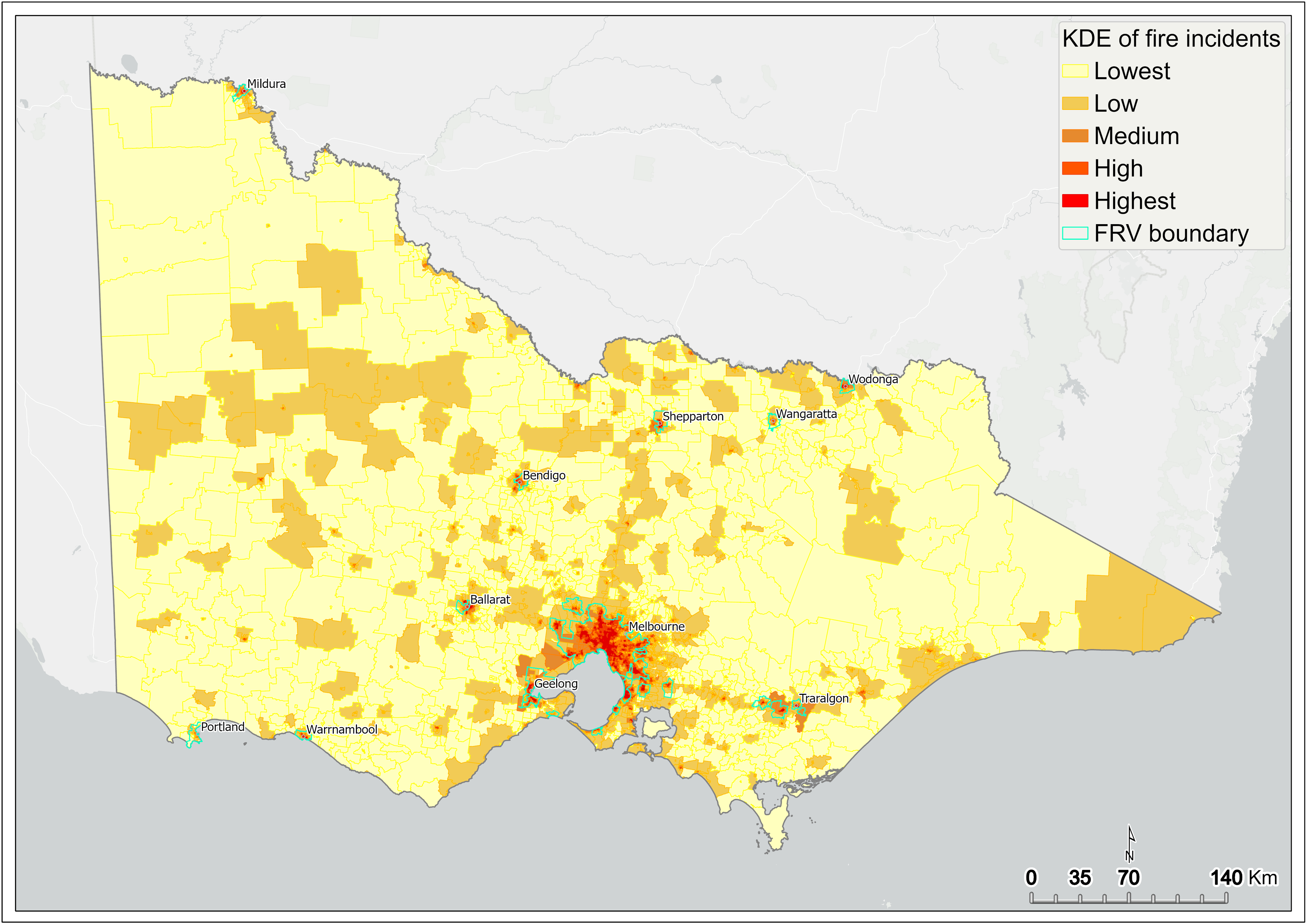 Map of Victoria which highlights the areas with the highest kernel density estimation of fire incidents