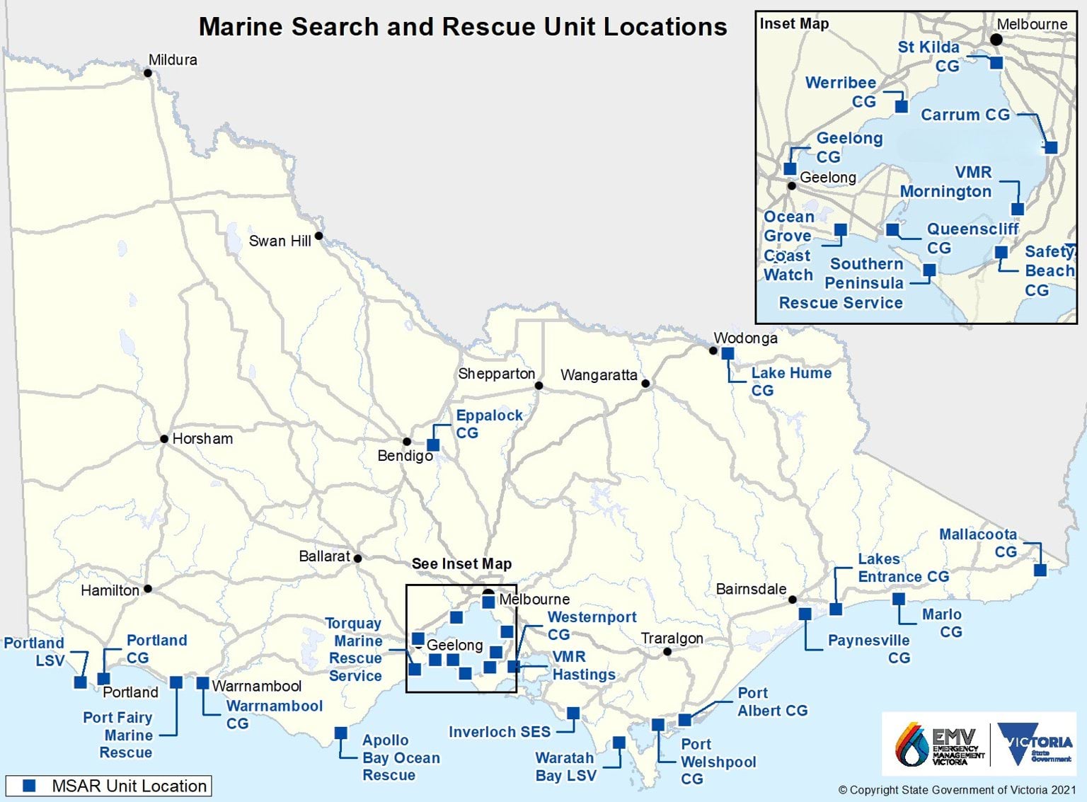 Image shows a map highlighting the MSAR unit locations across Victoria