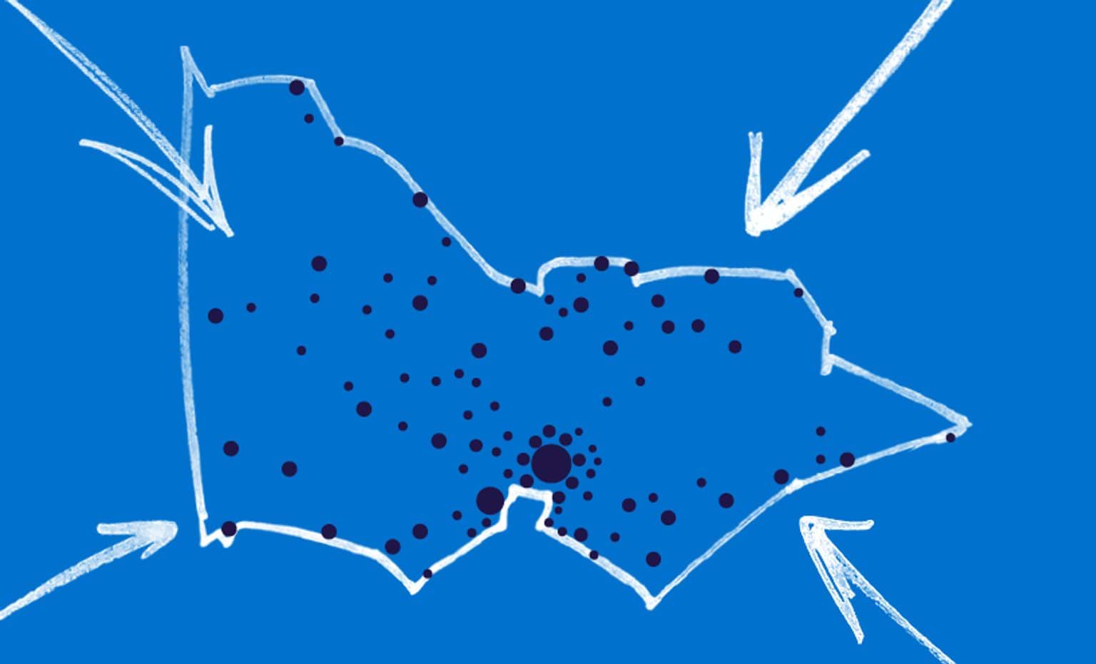 A map of Victoria on a blue background with dark dots on the map and arrows pointing towards it.