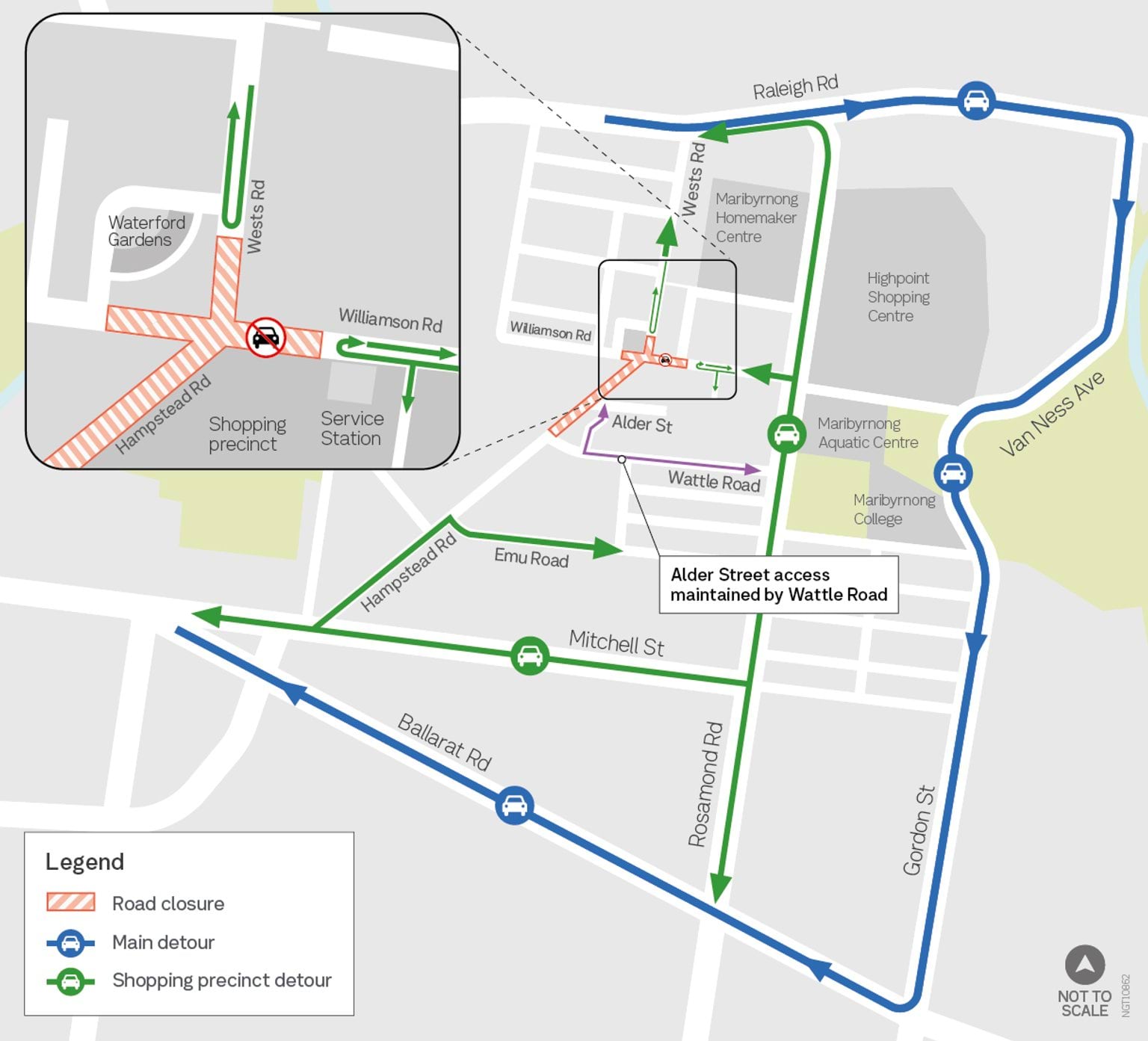 Map showing the work area and detour for the nightly closure of the Williamson, Hampstead and Wests roads intersection