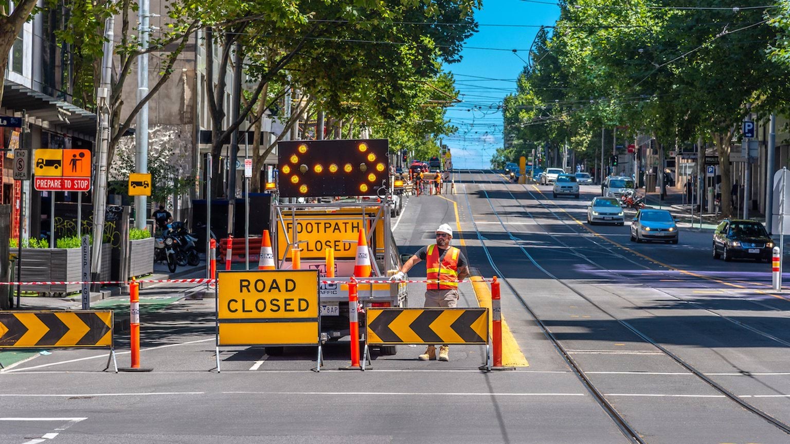 Victorian construction industry Road closed signage on a Melbourne city street