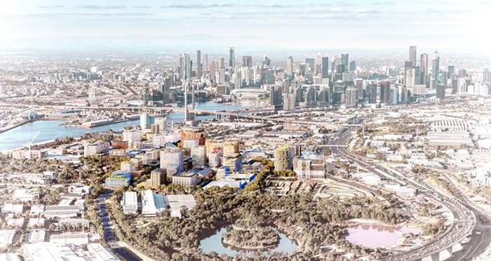 Aerial view of the Innovation Precinct in Fishermans Bend,  approx. four kilometres from the CBD (digital render). Artists impression year 2050.