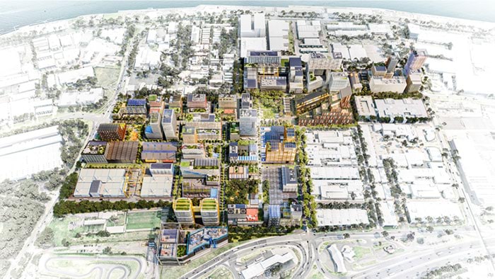 Artistic render of the future Fishermans Bend Innovation Precinct site including building developments and street greening. 