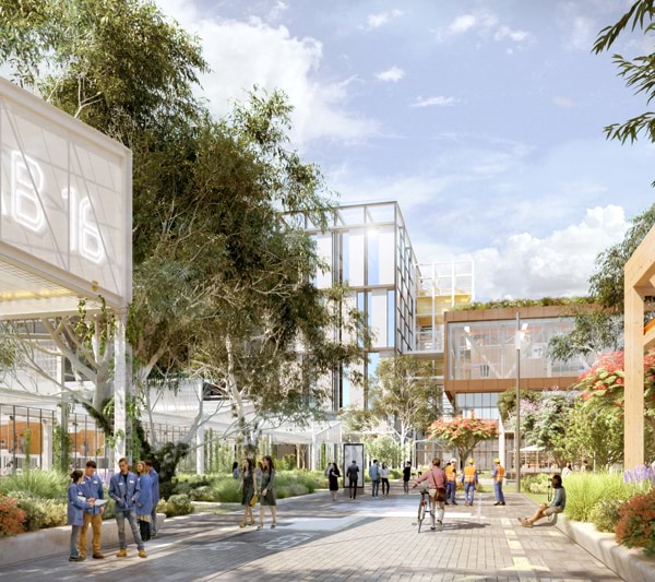 Digital render of public open space in new Innovation Precinct,  promoting collaboration, connectivity and sustainability. Artists impression year 2050.