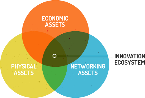 Venn diagram of the economic, physical, and networking assets that make up the Brookings Institute model for innovation precincts.