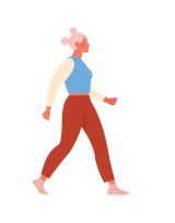 illustration of a woman wearing red pants, blue bomber jacket, pink high-top shoes and pink hair marches forward defiantly