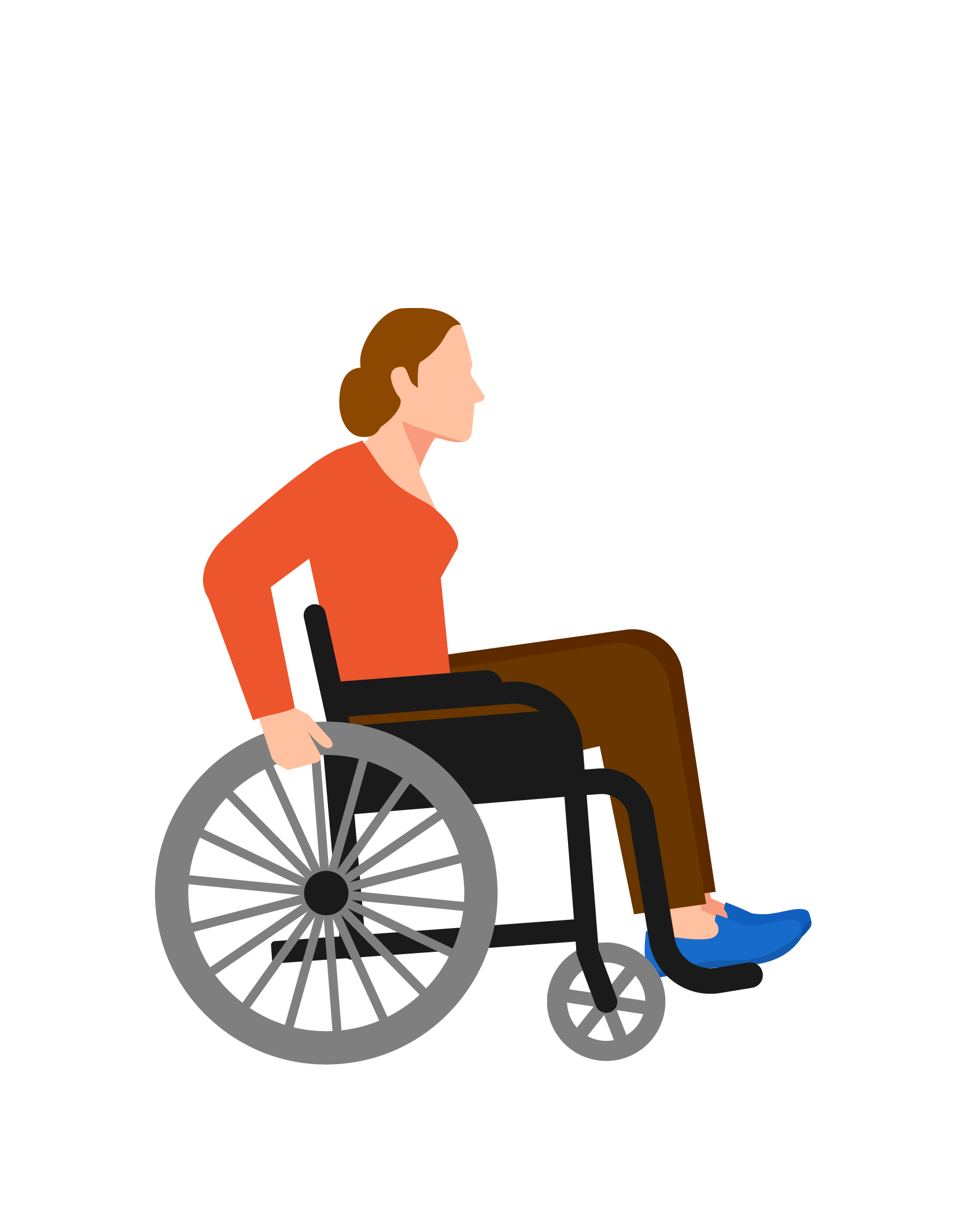Illustration of a woman wearing blue shoes, brown pants and an orange long-sleeve top defiantly pushes herself forward in a wheelchair
