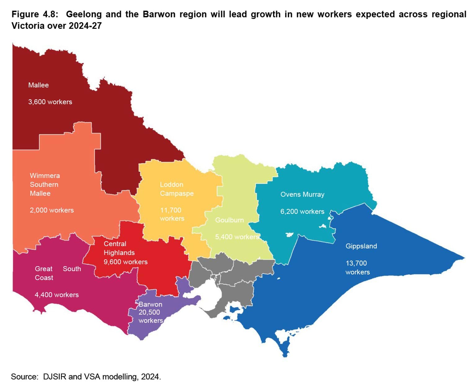 State of the Victorian Labour Market 2024 - Figure 4.8: Geelong and the Barwon region will lead growth in new workers expected across regional Victoria over 2024-27
