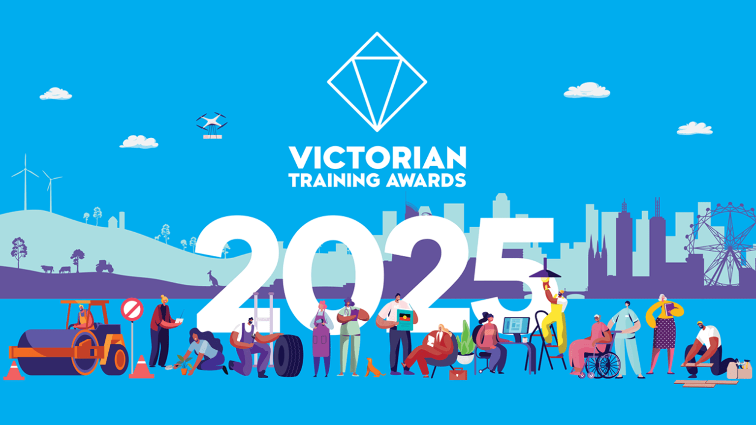 Illustration of a group of people with skyline in the background