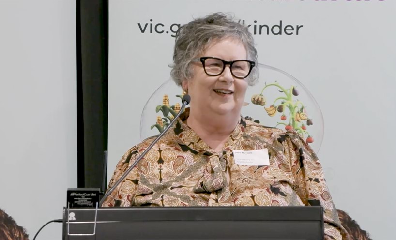 Professor Joce Nuttall speaking from the dias at the third event in the series, Leading Change Together