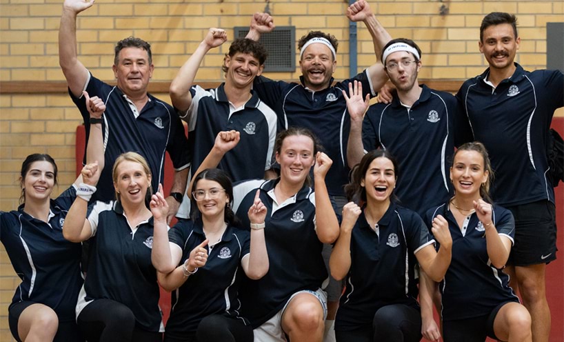 A sports team cheering