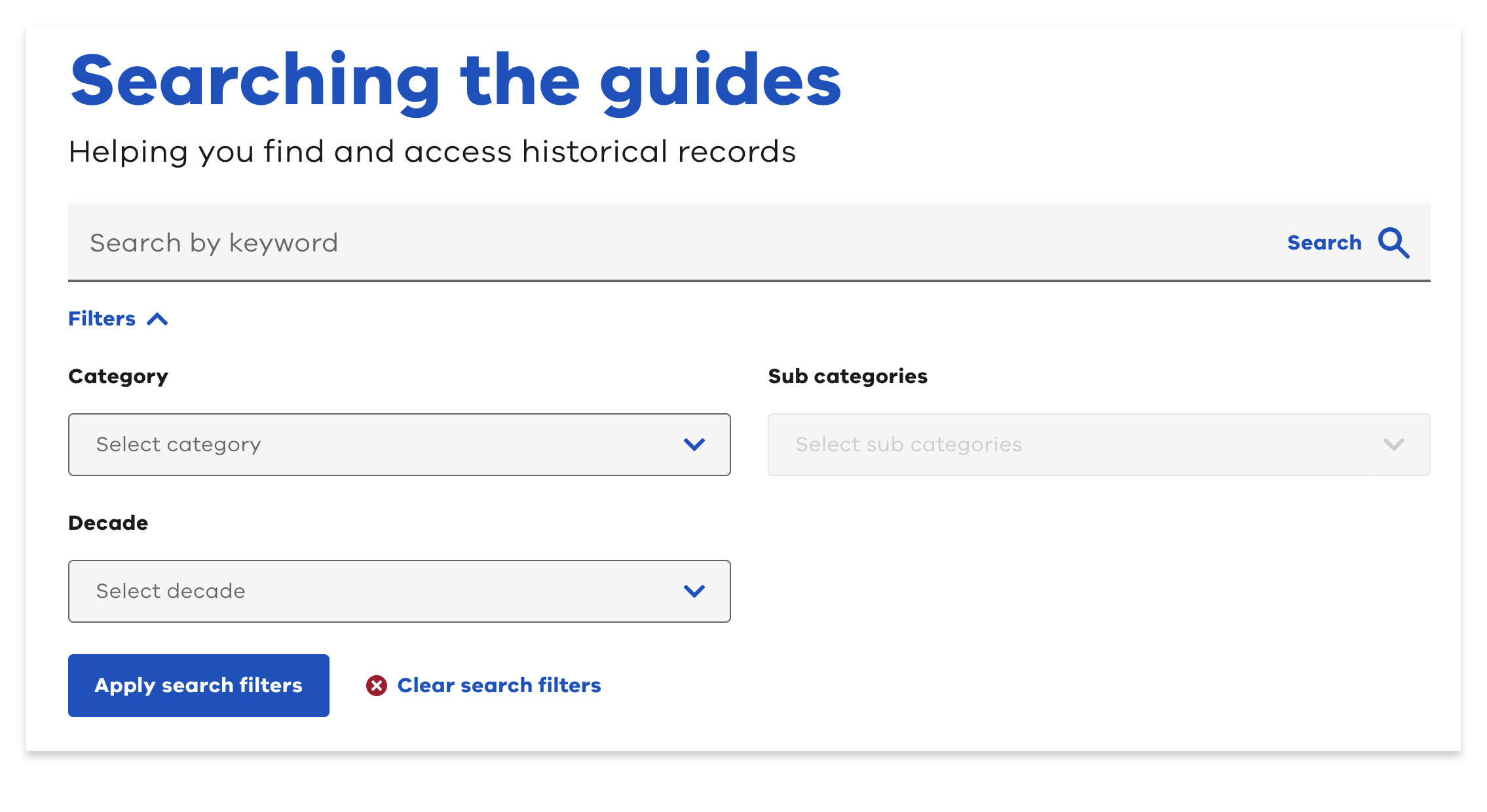 Example of the 'Searching the guides' search fields