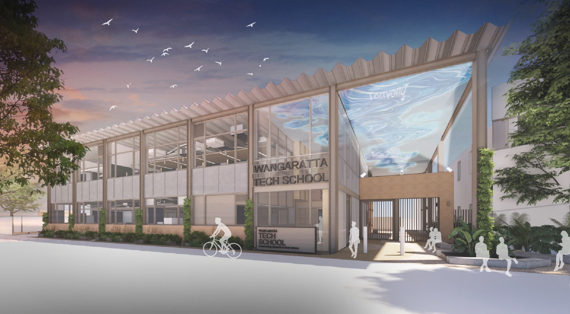A futuristic render of the Wangaratta Tech School exterior at dusk, highlighting the main entry