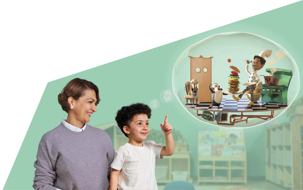 Early childhood teacher smiles at young boy as imagines a cartoon scene of him being a chef.