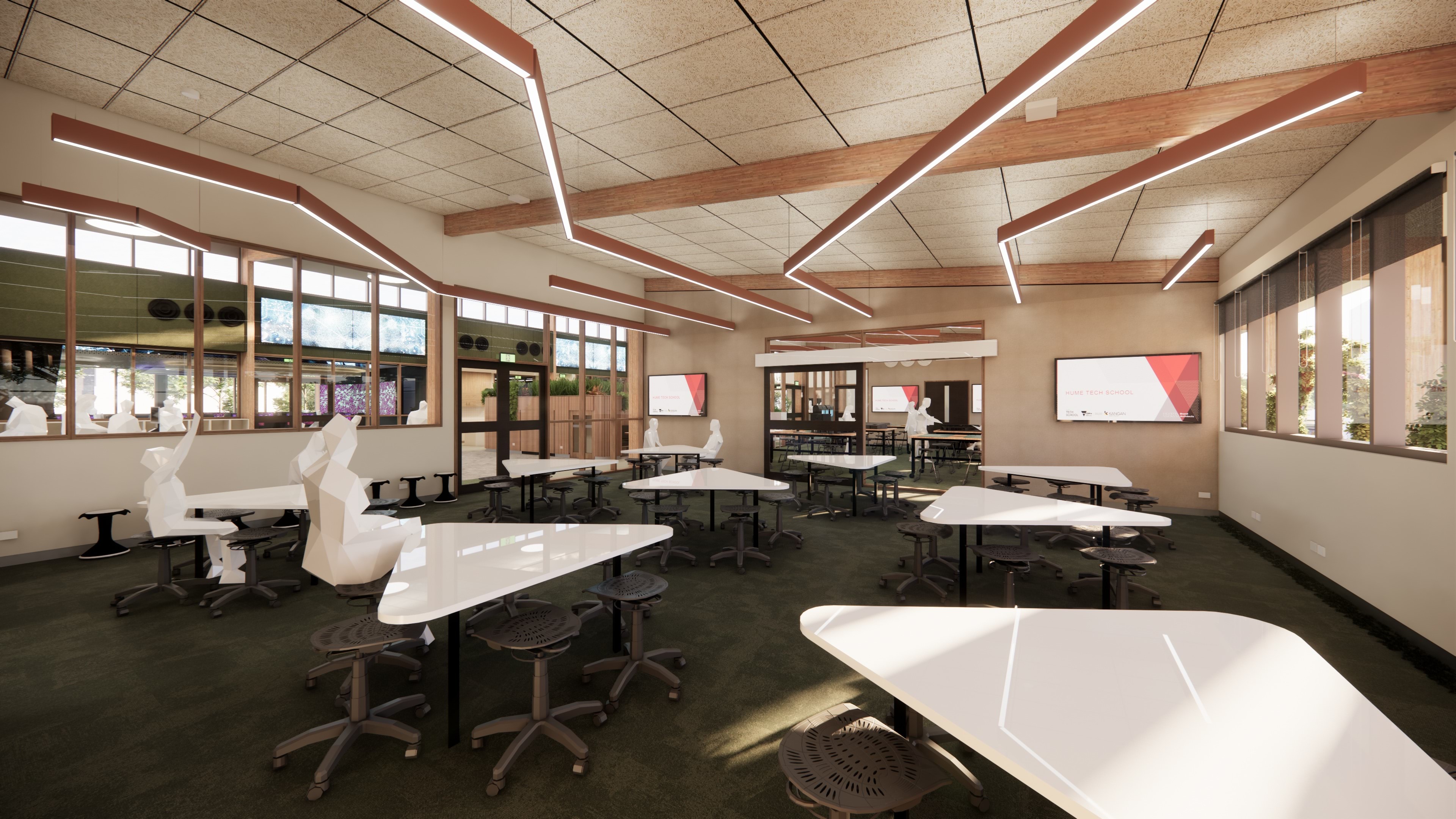 Students engaged in a project within the Hume Tech School's Collaborative Design Space, showcasing its adaptable layout