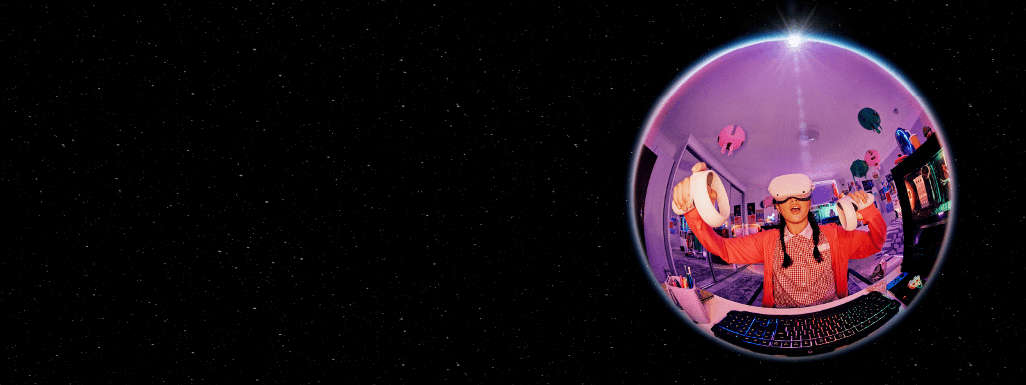 Teenager using 3D immersive headgear.