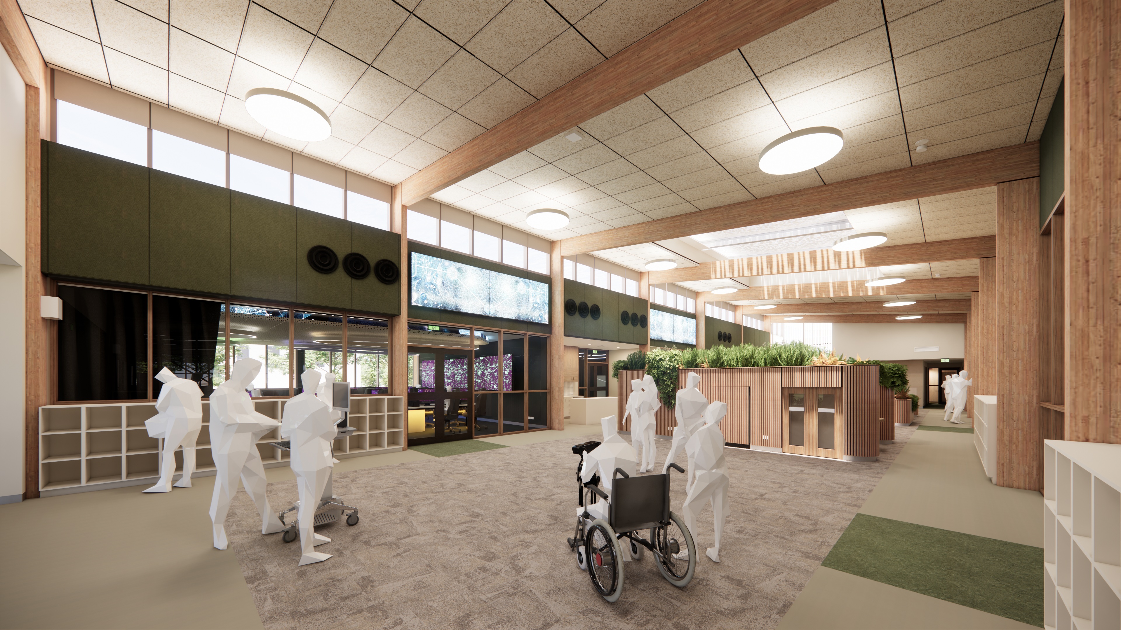 Hume Tech School's Flexible Activity Presentation Space set up for a dynamic presentation, showcasing its open layout