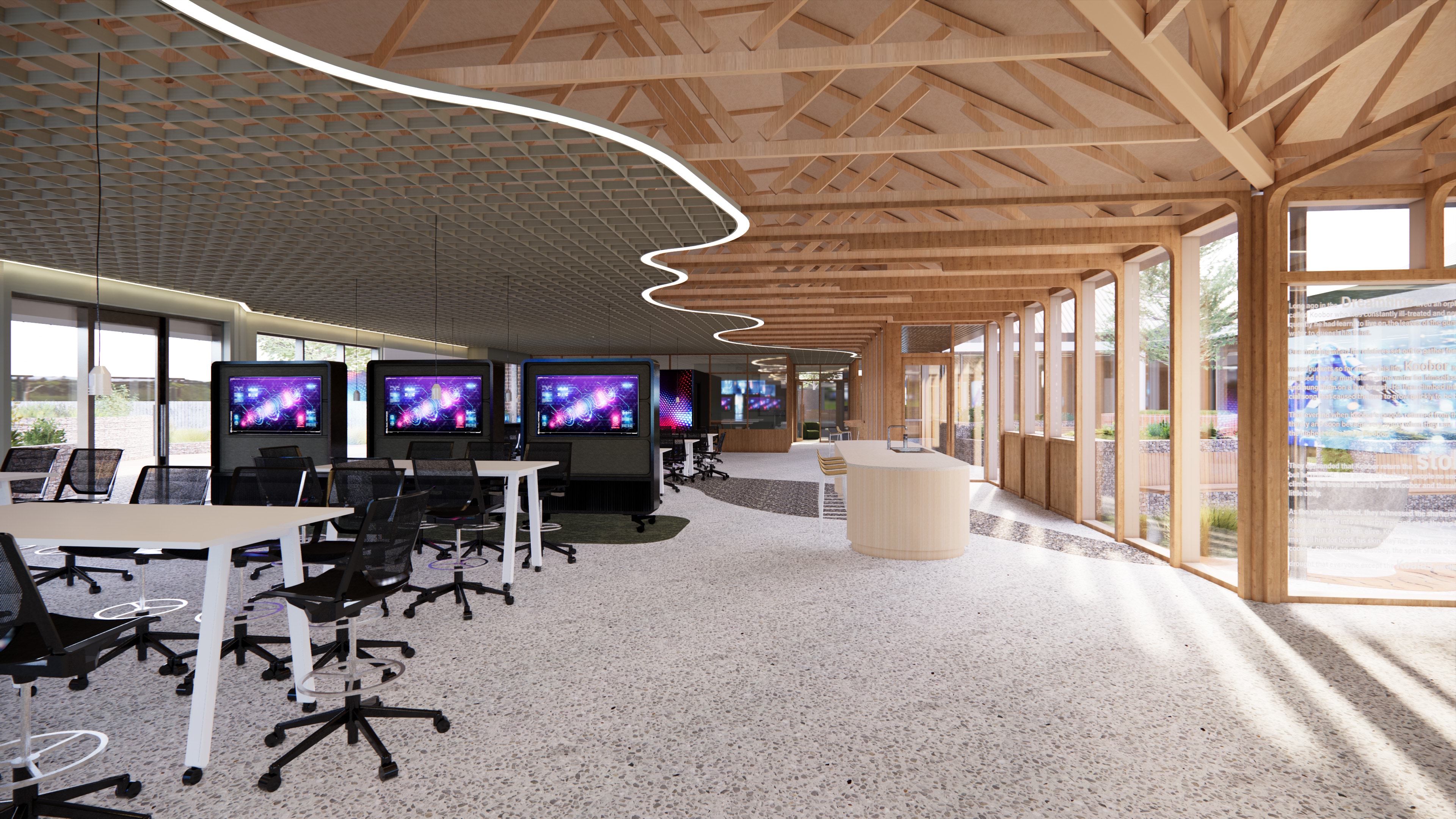 Bright and open interior of the Brimbank Tech School's multi-use space, encompassing sections 2 and 3, designed for collaborative learning.