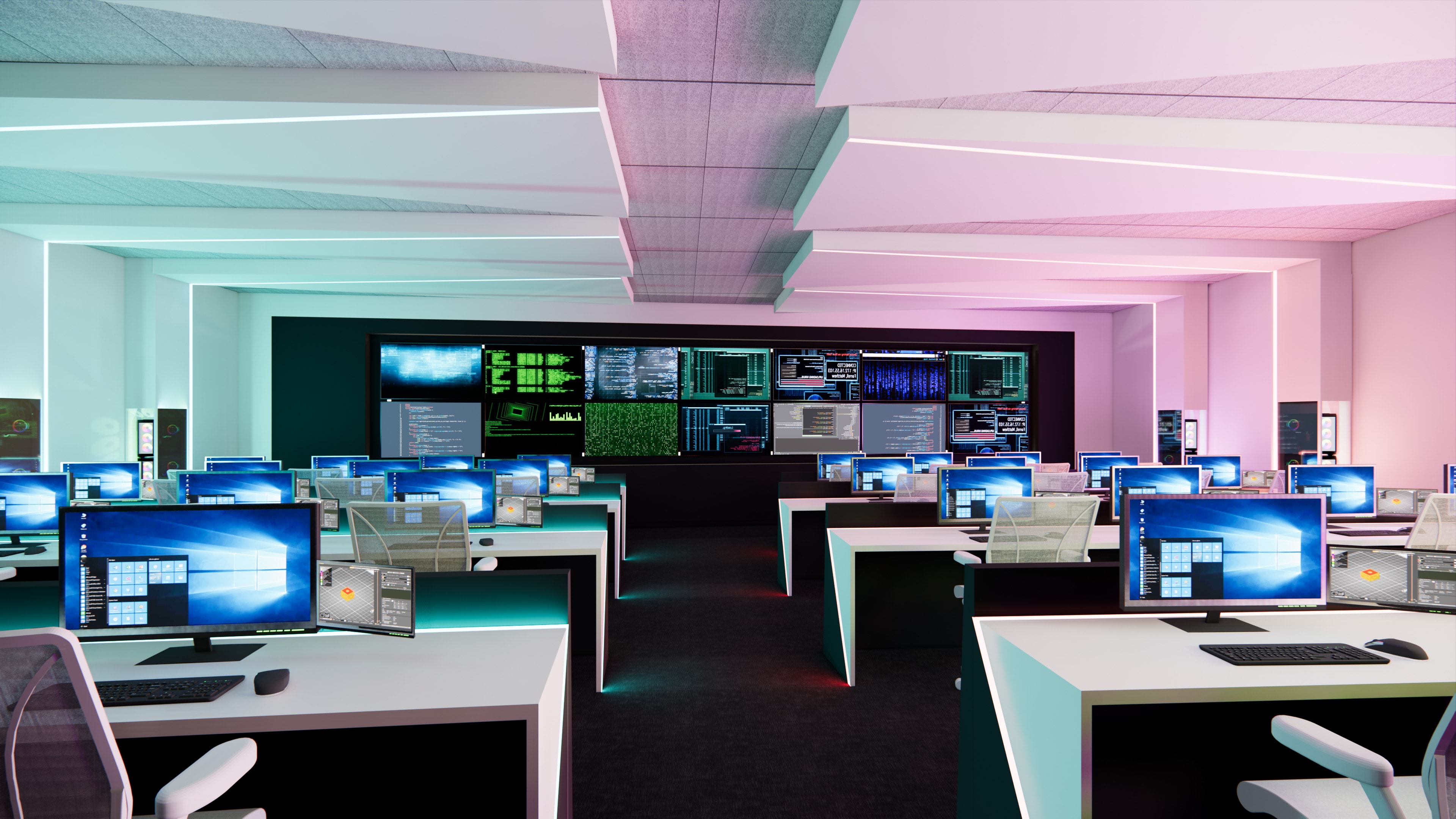 Interior view of the E-Sports arena at Brimbank Tech School (View A), showcasing high-performance gaming setups and vibrant lighting.