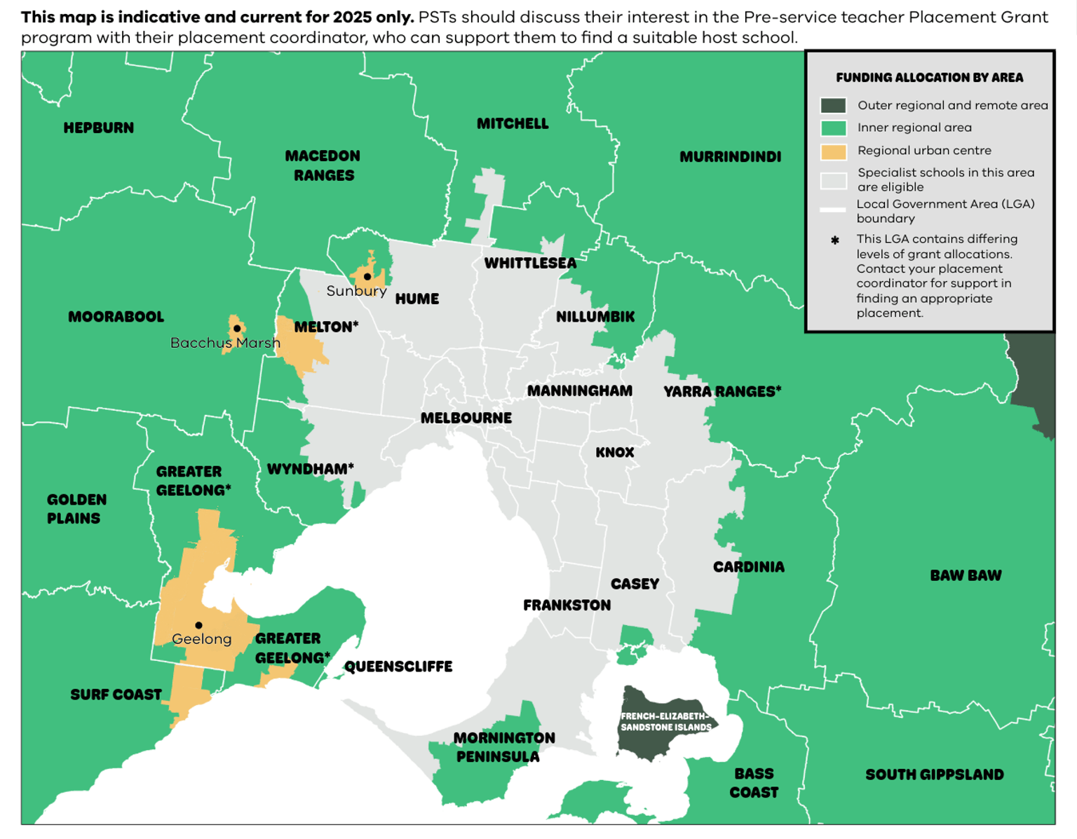 A map of Central Victoria indicating which areas are eligible for the Pre-service teacher Placement Grant program.