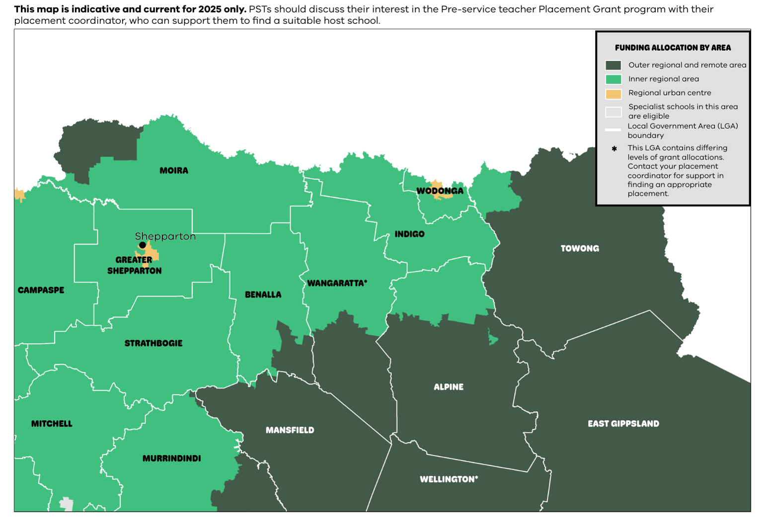 A map of North East Victoria indicating which areas are eligible for the Pre-service teacher Placement Grant program.