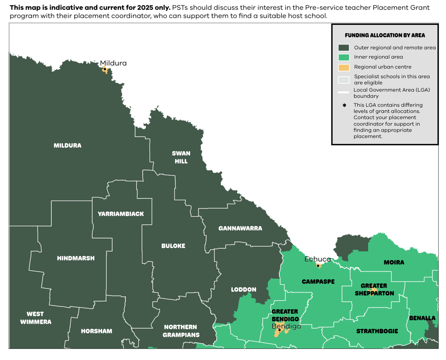A map of North West Victoria indicating which areas are eligible for the Pre-service teacher Placement Grant program.