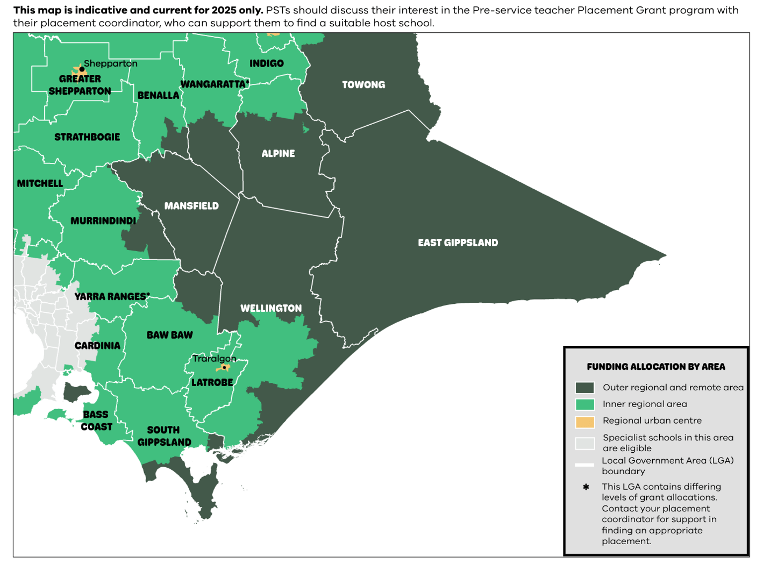 A map of South East Victoria indicating which areas are eligible for the Pre-service teacher Placement Grant program.