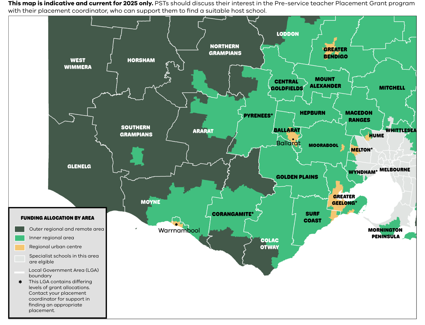 A map of South West Victoria indicating which areas are eligible for the Pre-service teacher Placement Grant program.
