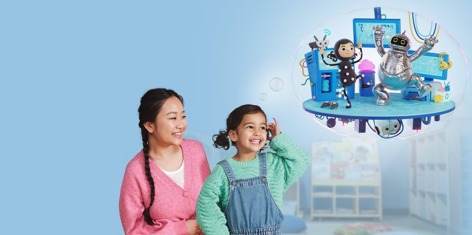 A smiling adult and young child look toward a thought bubble showing a playful STEM-themed scene. Inside the bubble, a girl in a black polka-dot outfit and a silver robot dance together in a bright blue tech lab with screens, wires and gadgets. The background is light blue.