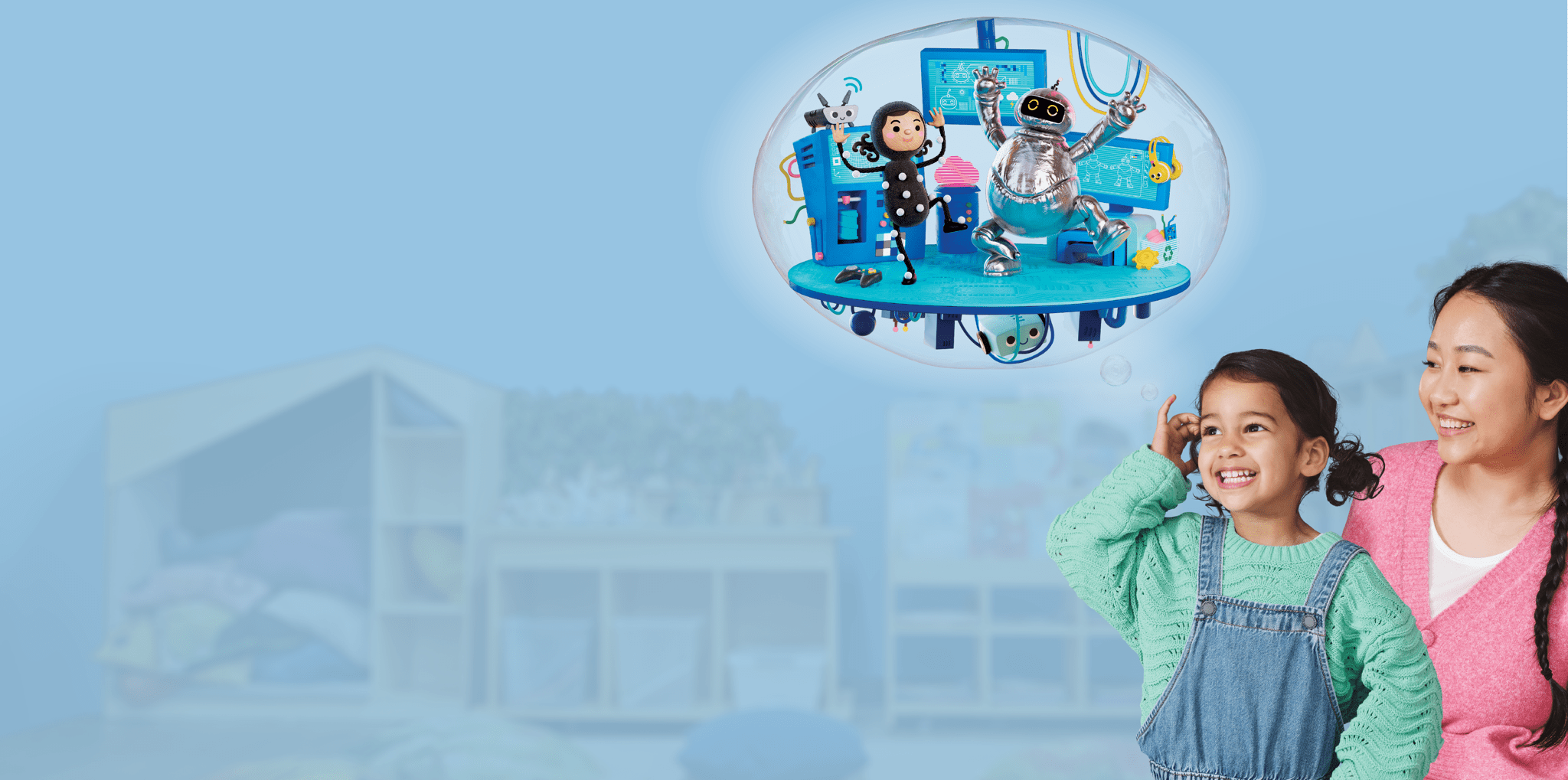 Young woman stands beside a smiling girl who points at a bubble showing an animated image of a girl working with a robot in a lab