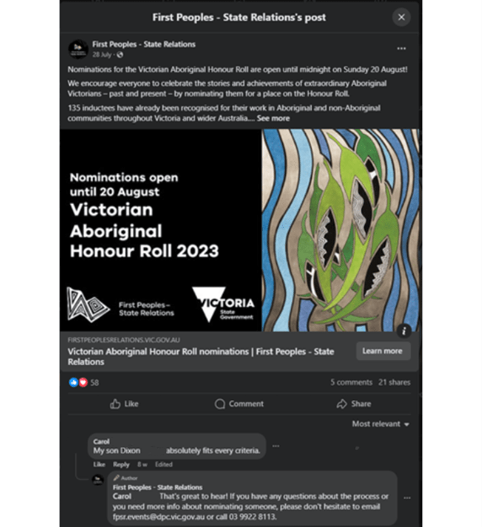 Pictured is a screenshot of the original post and comments. The record will provide the following information for record keeping purposes; date it was sent or received; the name used by the person who posted the message and the response was sent to (no need to determine the sender’s actual identity); and the purpose of the message.