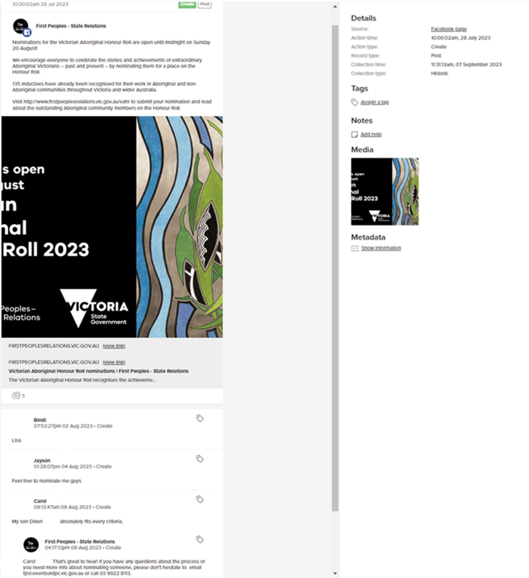 A screenshot of the First People State Relations Sprout Social account being used for record keeping of social media posts. Pictured is the post itself, the time of the post, a copy of the accompanying tile and a copy of public officers response to a community member. Sprout Social also records metadata information and a direct link to the platform the post was published on.