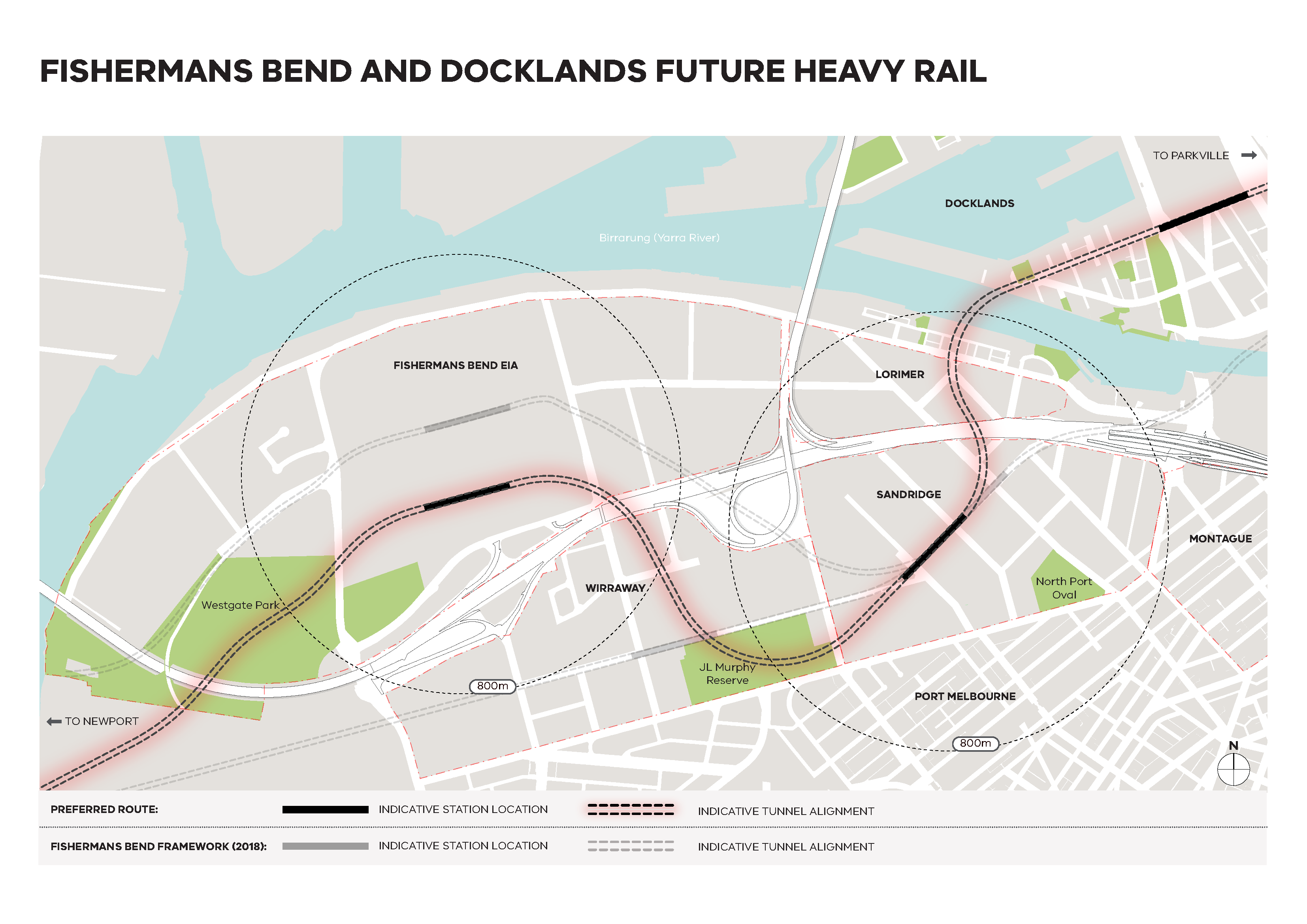 Fishermans Bend and Docklands future heavy rail map highlighting the route it will take and the station locations. For accessible information please email fishermansbend@transport.vic.gov.au