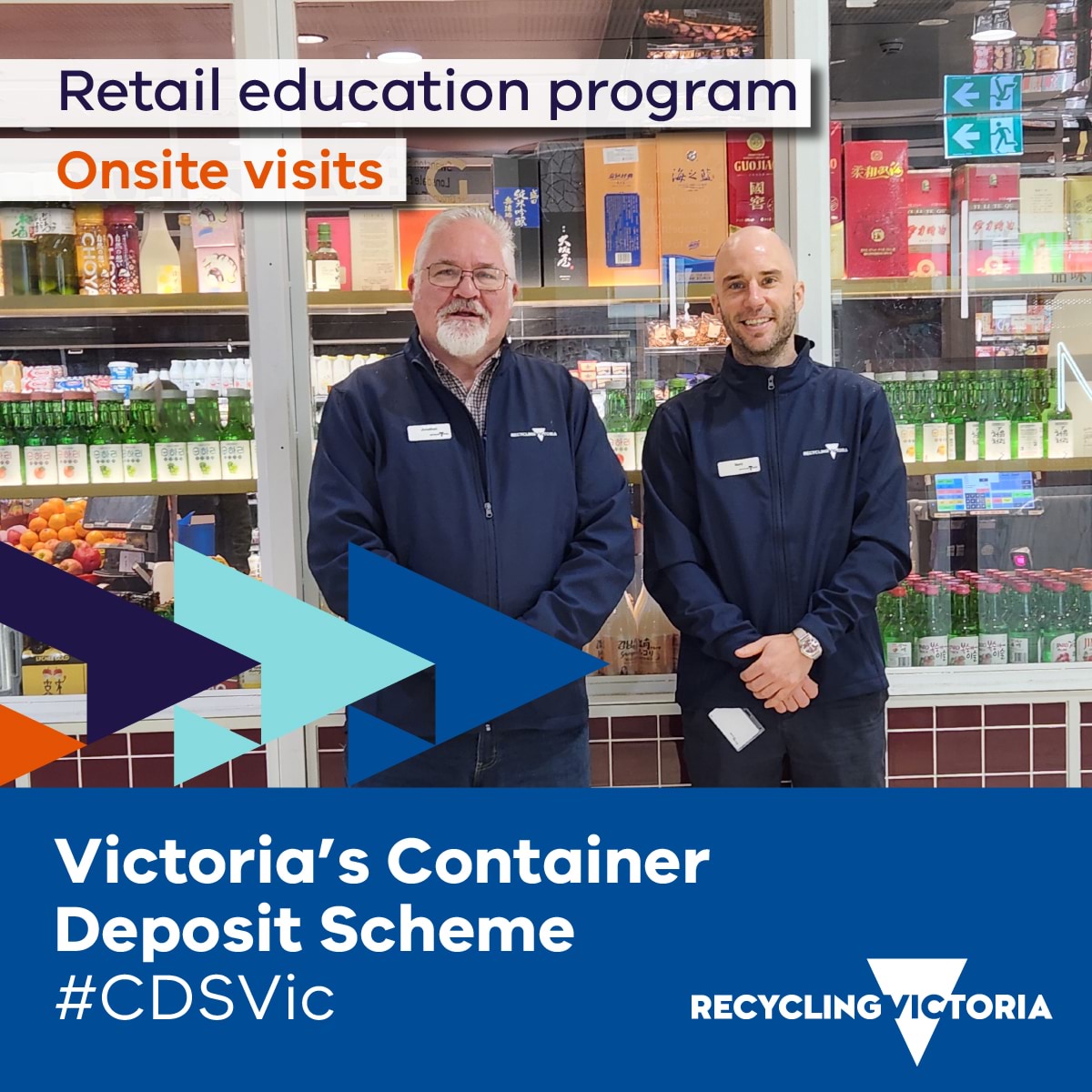 Two of Recycling Victoria's Container Deposit Scheme team standing outside a retail outlet they visited as part of the retail education program.