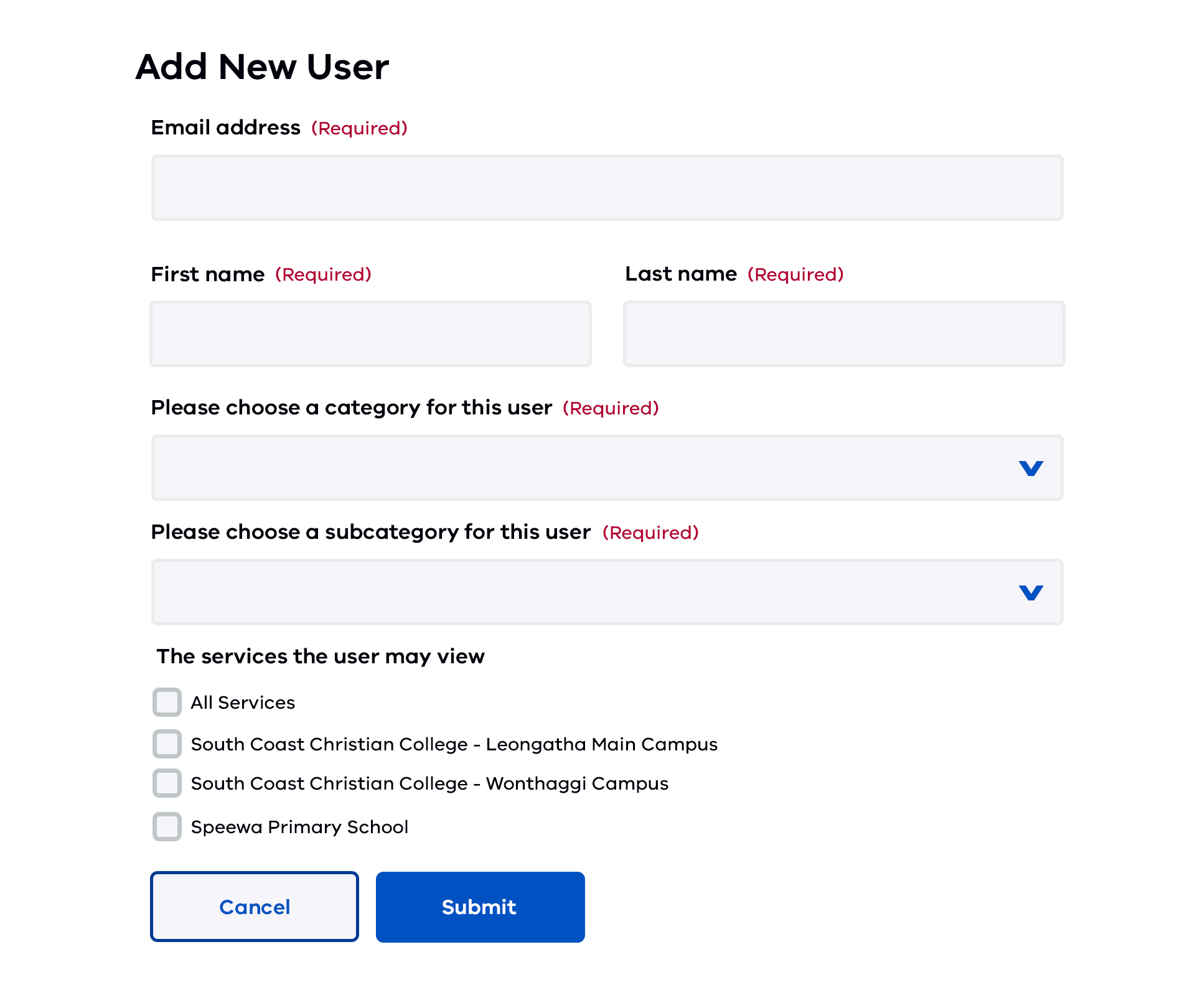 The Add New User screen in Child Link.