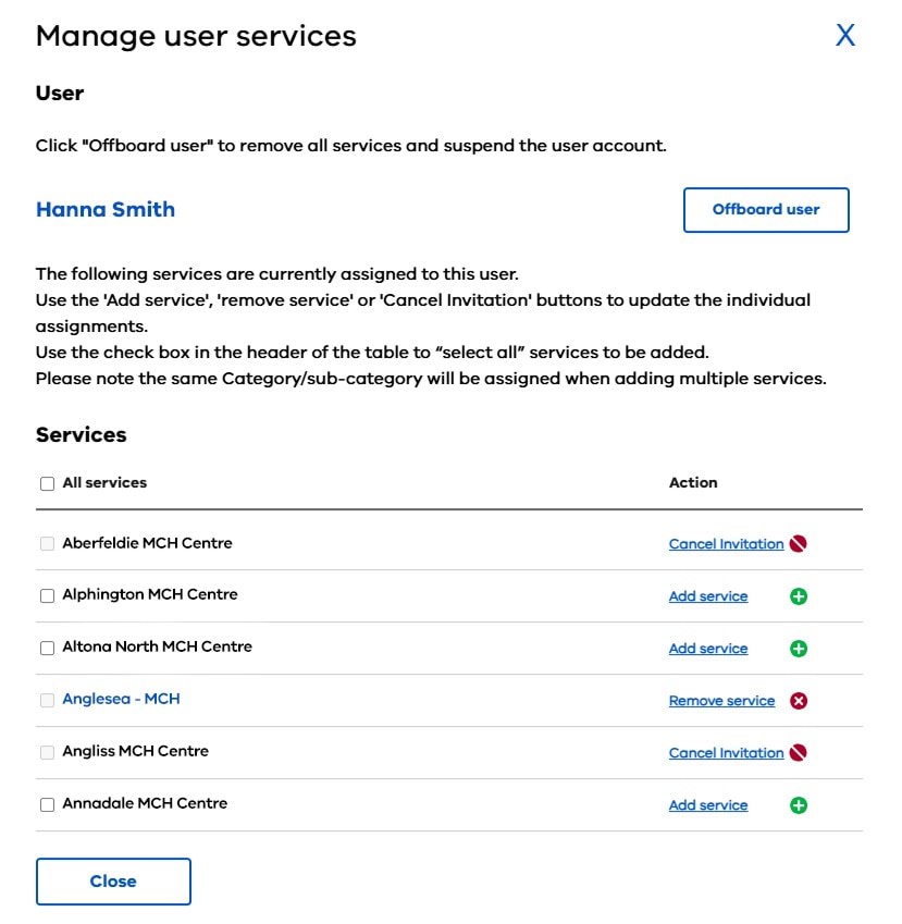 The Manage User Services screen in Child Link.